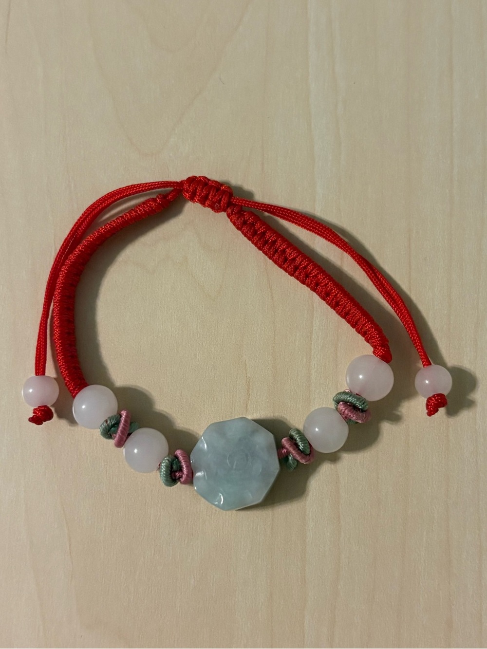 Jade & Rose Quartz Adjustable Red Braided Beaded Bracelet (New)